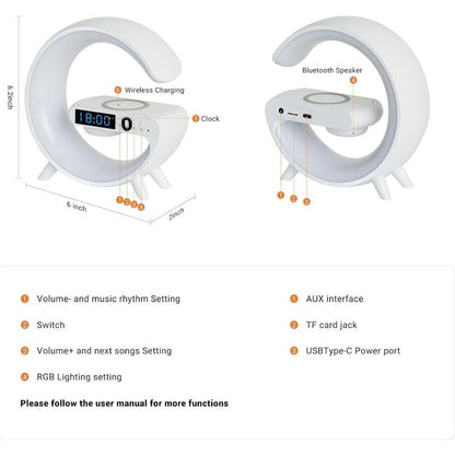 G-Shape Music Lamp: Wireless Charger, RGB Night Light, Alarm Clock, Bluetooth Speaker