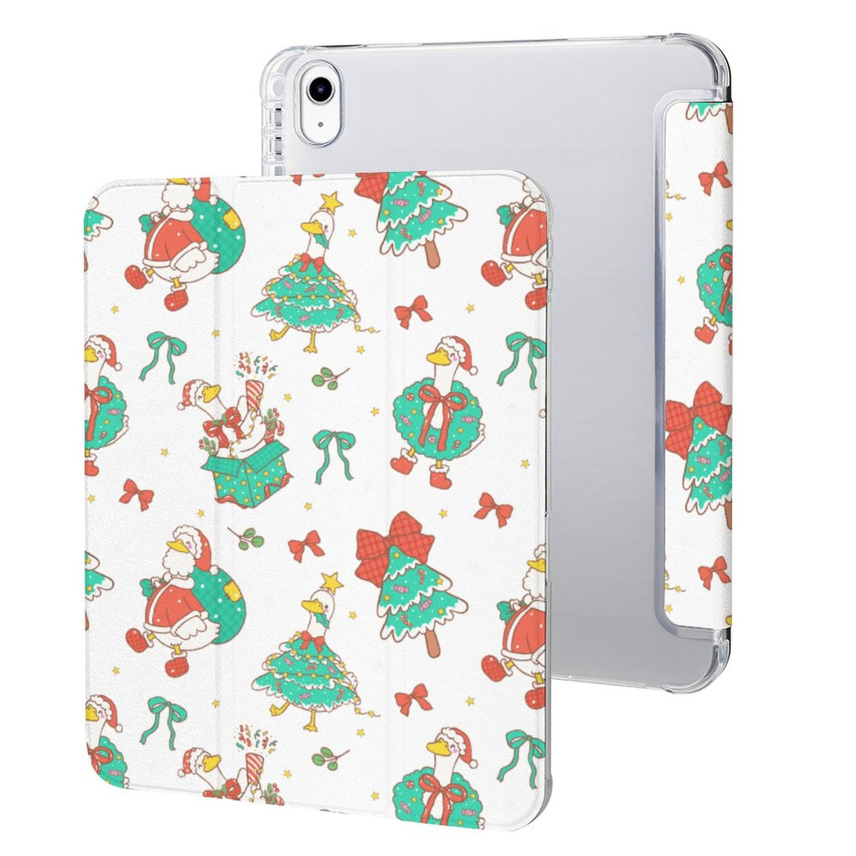 A clear protective case for an iPad, shown from the back and side to reveal a white interior cover decorated with a festive Christmas pattern featuring Santa Claus, Christmas trees, and ducks.