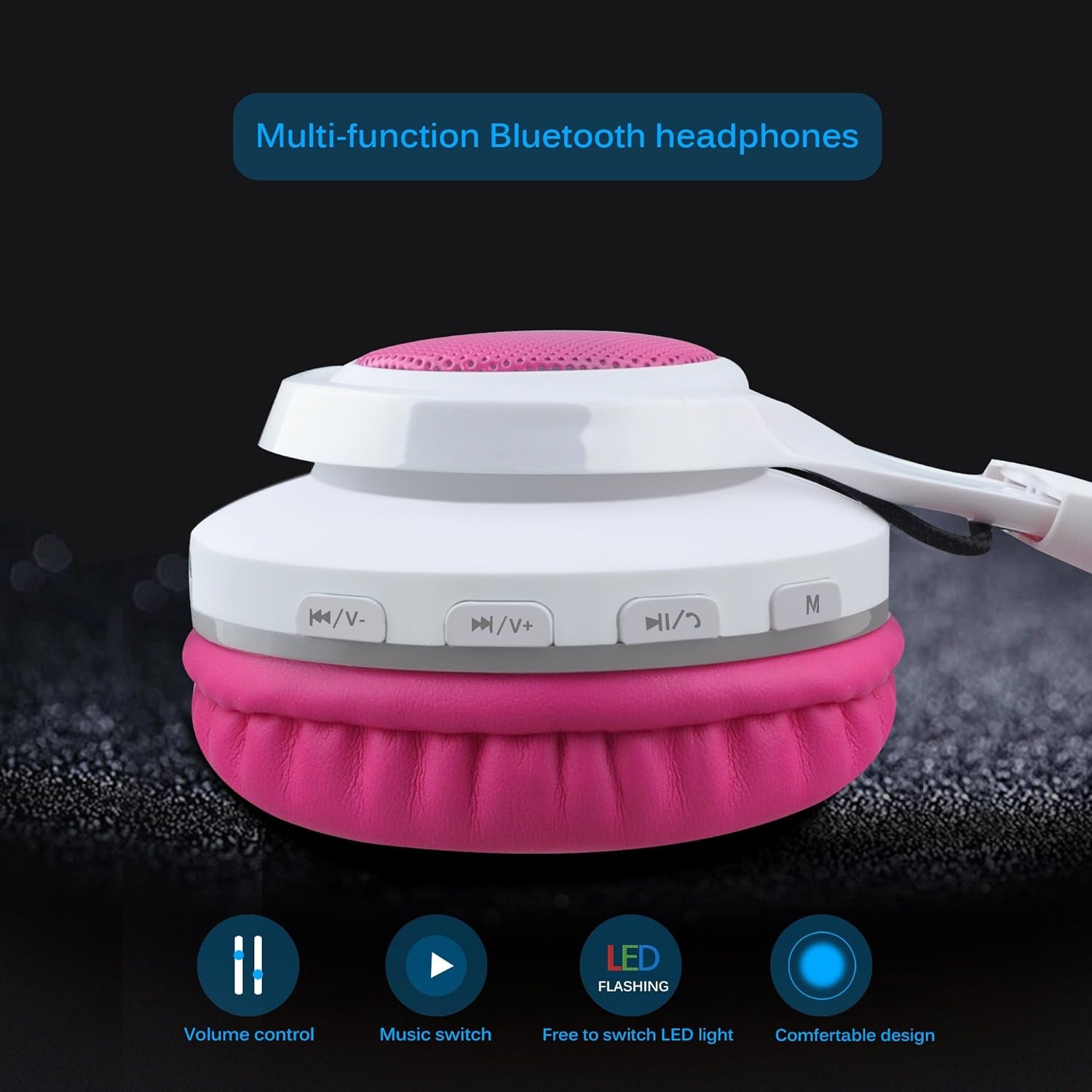 WT-7S Bluetooth Headphones Light Up, Foldable Stero Wireless Headset with Microphone and Volume Control for Pc/Tablet/Tv/Travel (Pink)
