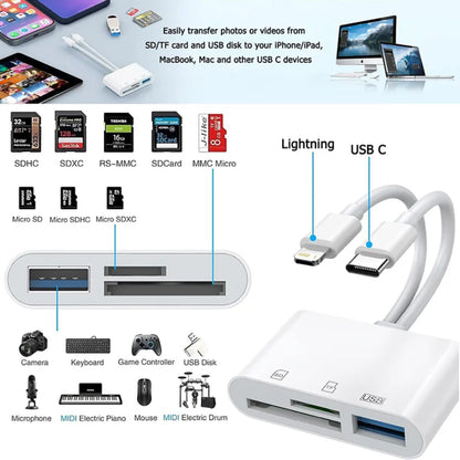 SD Card Reader 5-In-1 Lightning /Type C to USB 3.0/SD/TF Card Adapter Memory Card Reader for Iphone Ipad Macbook Samsung Andro