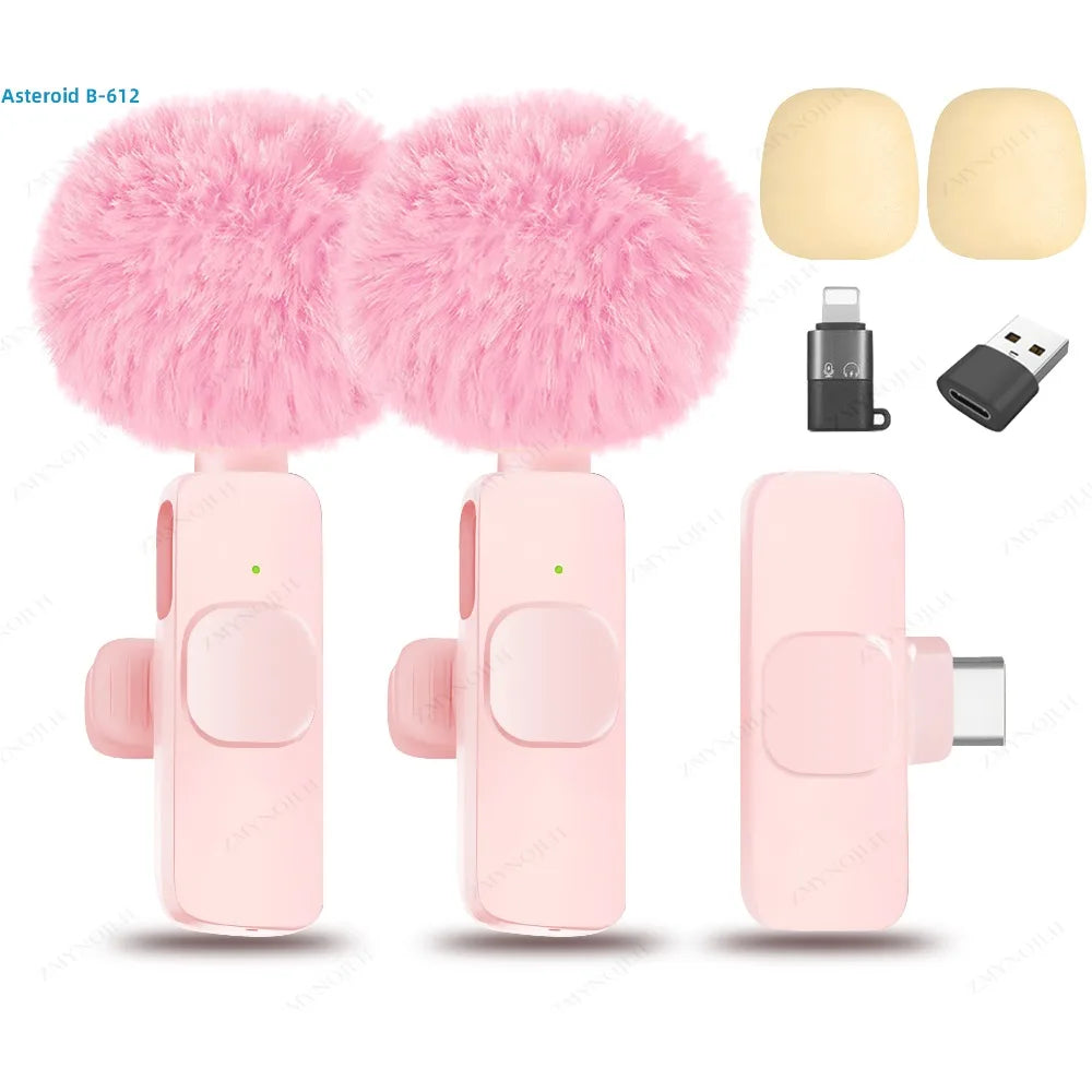 Wireless Lavalier Microphone Set (K1) – Dual Clip-On Mics + Receiver, 9ms Low Latency, Noise Reduction, Omnidirectional Pickup, 20m Range, 10-Hour Battery, Lightning/Type‑C Charging, iPhone/Android/PC/Camera Compatible