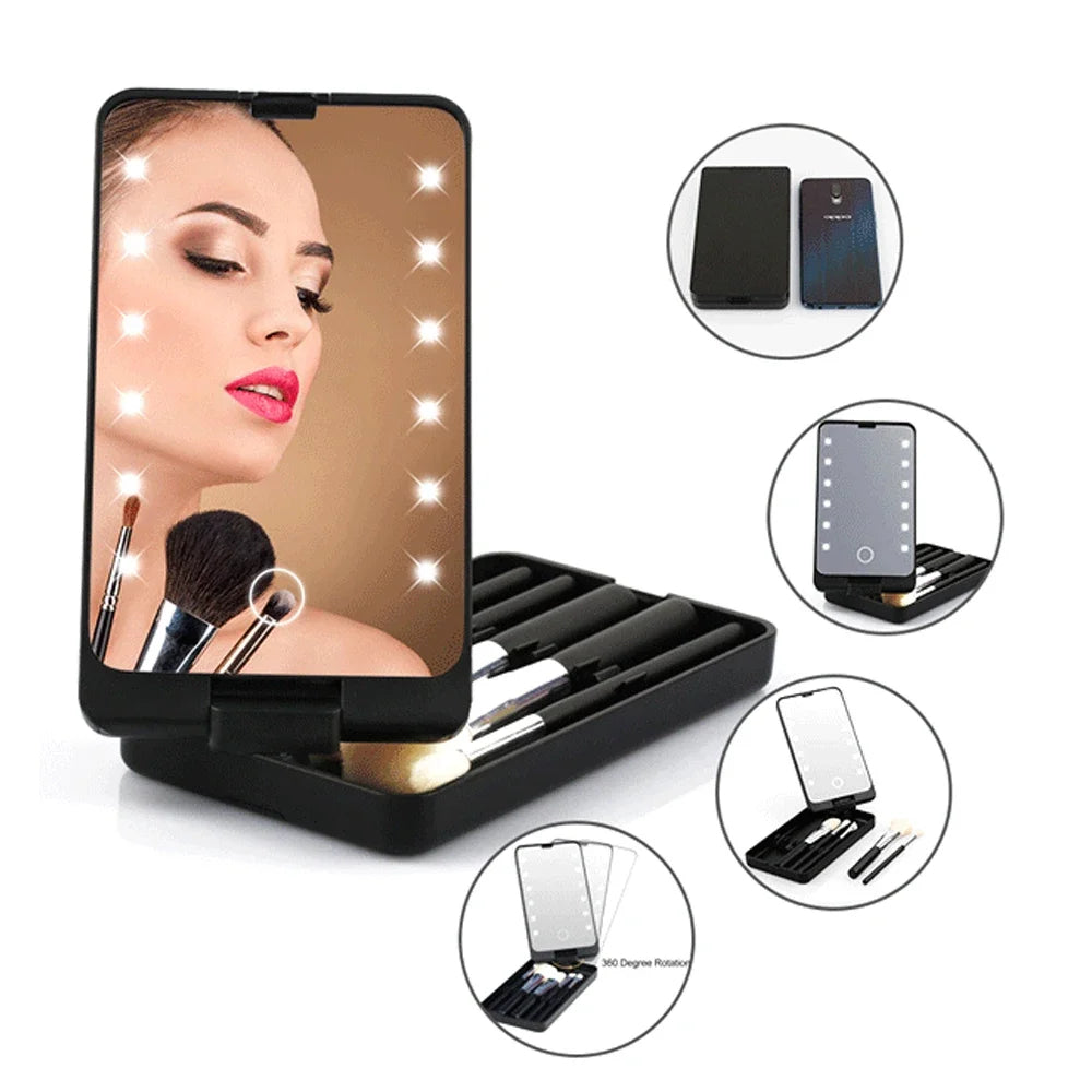 LED Cosmetic Mirror Box – Touch Light & Brush Storage for Travel