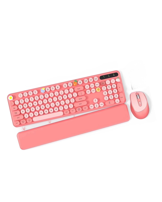 Blush Pink Retro Typewriter Wireless Keyboard + Mouse Combo – 2.4G Wireless, Detachable Keycaps, Magnetic Wrist Rest, 3-Speed DPI Mouse, Auto-Sleep, Mac/Windows/Linux Compatible
