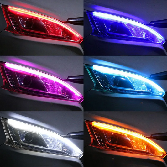 12V LED Daytime Running Lights - 2-Pack Flexible Waterproof Strip with White/Yellow Turn Signal & Brake Flow