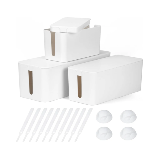 Cable Management Box Set (3-Pack) – Large/Medium/Small Cord Hider, Child-Safe Clasps, Ventilated Base, Non-Slip Grip, Includes Cable Ties & Clips