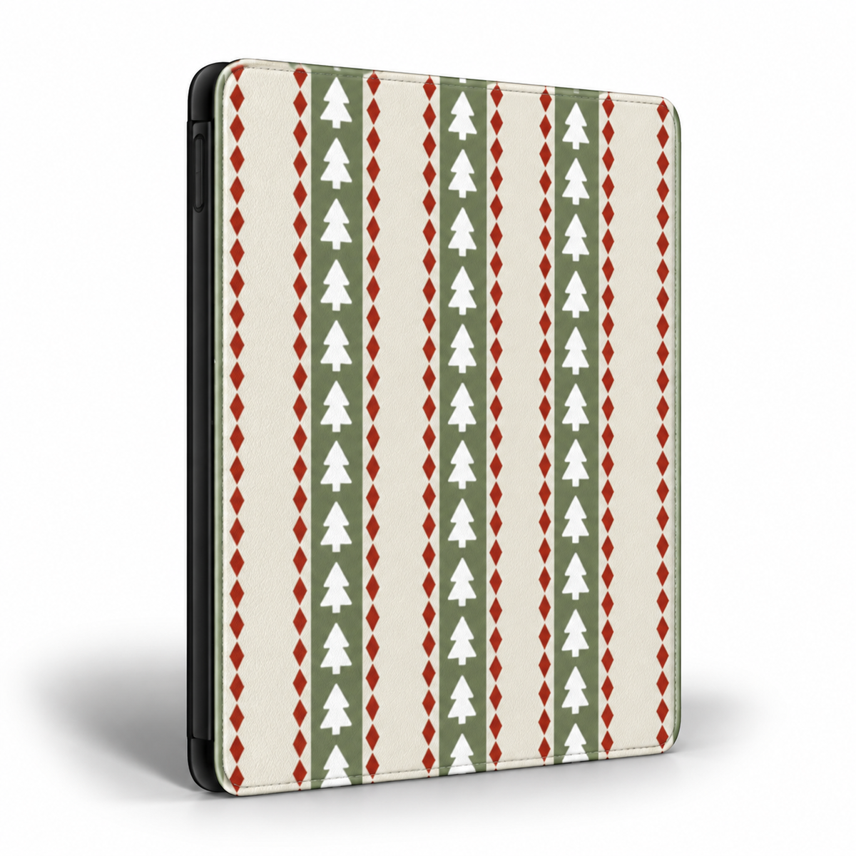 A tablet case featuring a festive holiday pattern of vertical stripes with white Christmas trees on olive green, red diamonds, and a cream background.