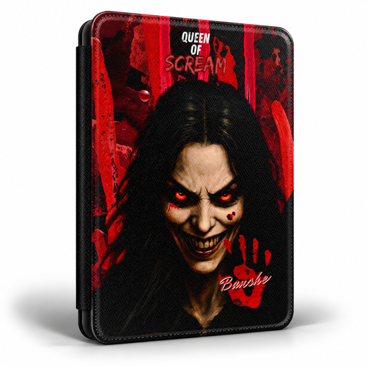 A tablet case featuring a horror-themed graphic of a creepy woman with red eyes and the text 'QUEEN OF SCREAM' and 'Barbie', shown on a white background.