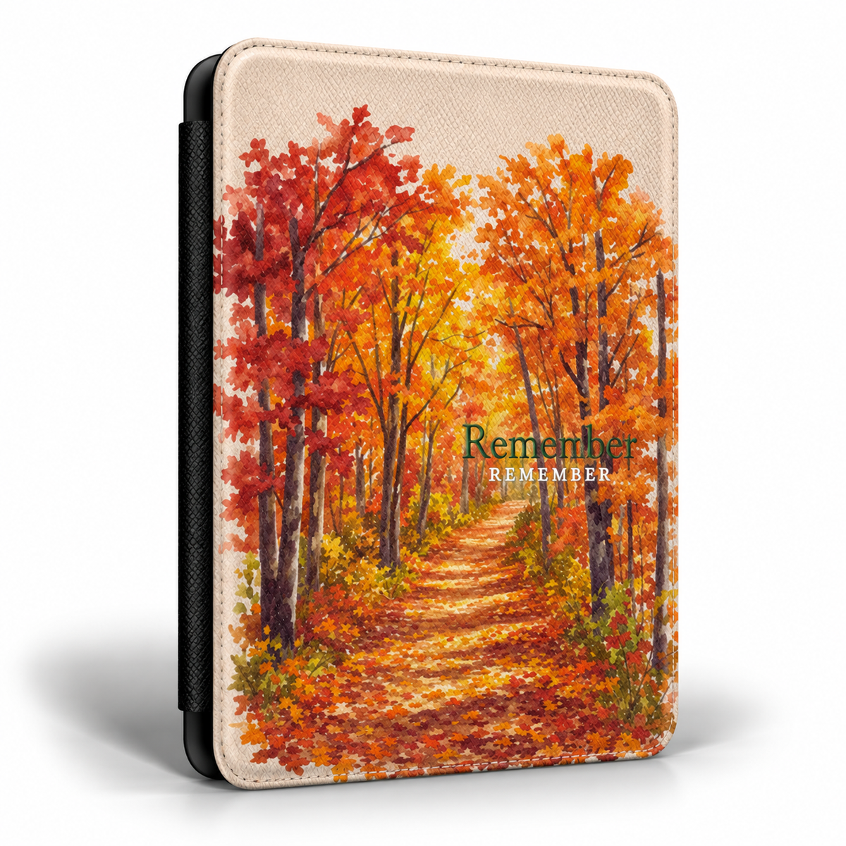 A tablet case with a textured beige faux-leather finish, featuring a printed autumn forest scene with a path of orange and red fallen leaves. The text 'Remember.