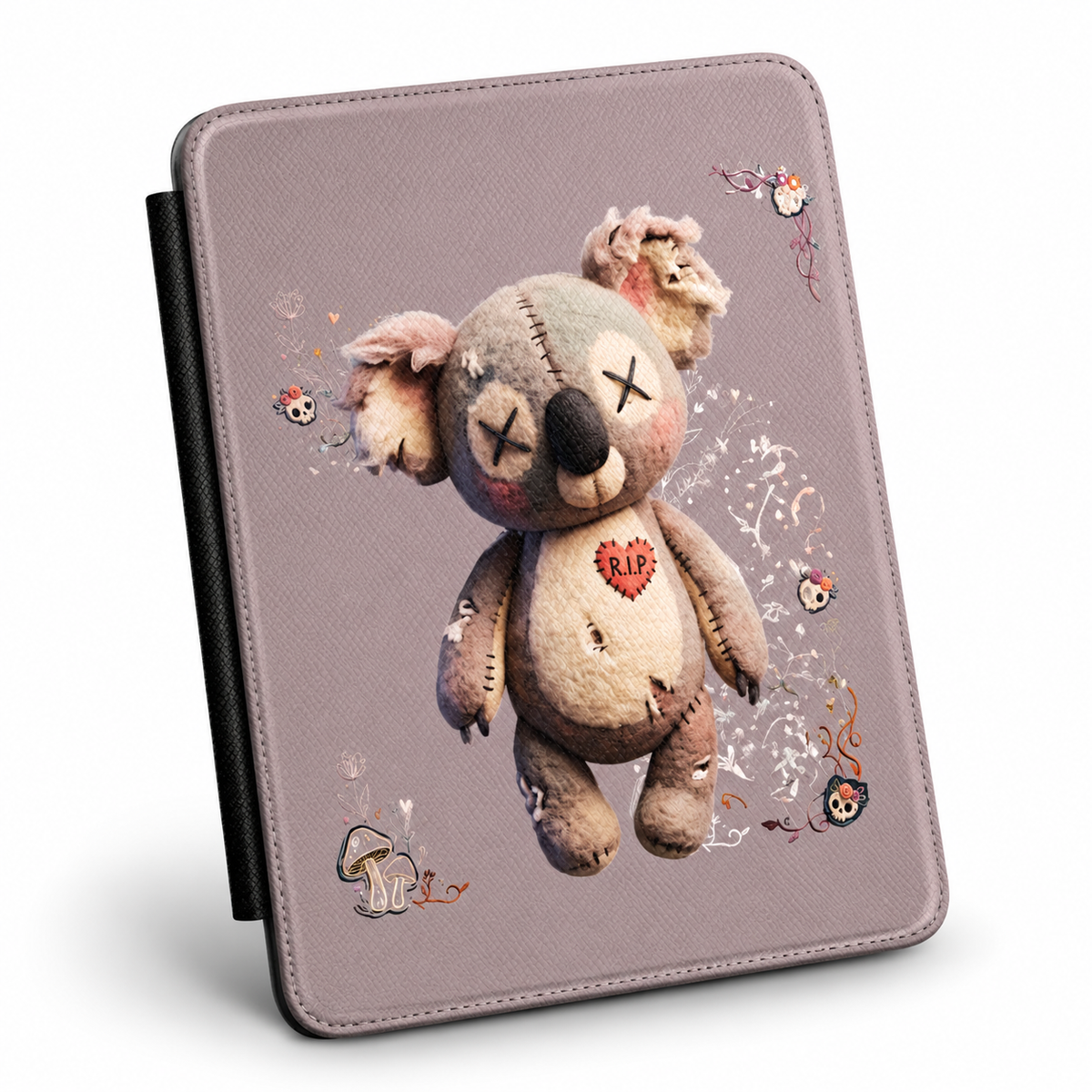 A tablet case with a textured dusty purple background featuring a central graphic of a stitched, sad teddy bear with a red 'R.I.