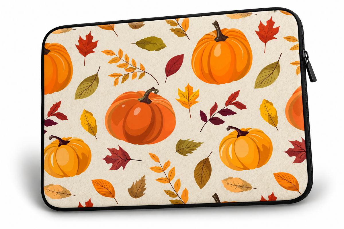 A laptop sleeve featuring a cozy autumn pattern with orange pumpkins, red and yellow maple leaves, and brown foliage on a cream background, finished with a black zipper and black trim.