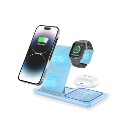 Cshiworld 3-in-1 Wireless Charging Station – 18W Fast Charger for iPhone/Apple Watch/AirPods, Foldable Adjustable Stand, Dual-Coil Charging, QC3.0 Adapter Included