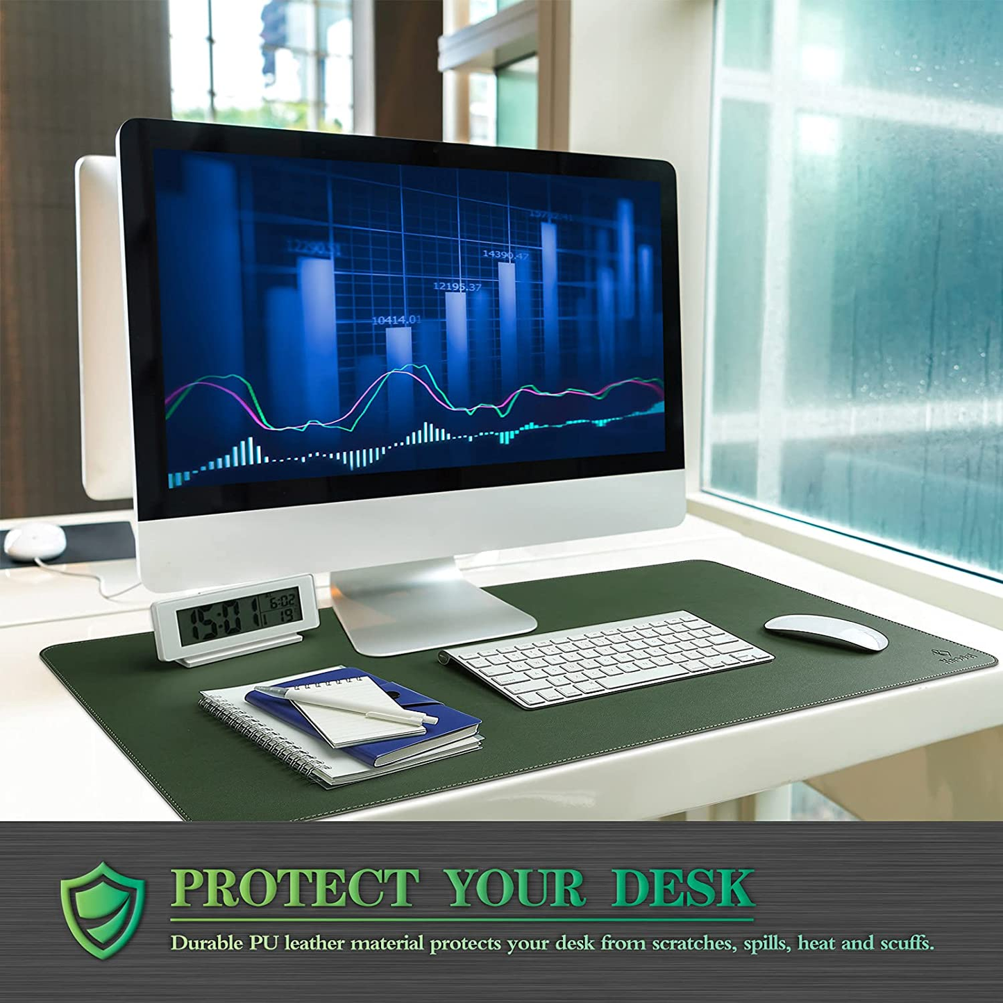 Dual-Sided PVC Leather Desk Pad Protector – Waterproof Desk Mat with Stitched Edges, Mouse Pad and Writing Blotter, Dark Green, 31.5" x 15.7"