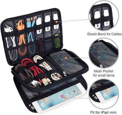 Double Layer Electronics Organizer Bag – Water-Resistant, Padded Tech Case, Fits iPad Mini, Travel-Ready (9.8" x 7" x 1")