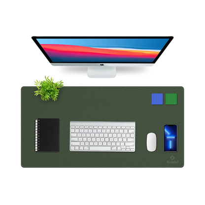 Dual-Sided PVC Leather Desk Pad Protector – Waterproof Desk Mat with Stitched Edges, Mouse Pad and Writing Blotter, Dark Green, 31.5" x 15.7"
