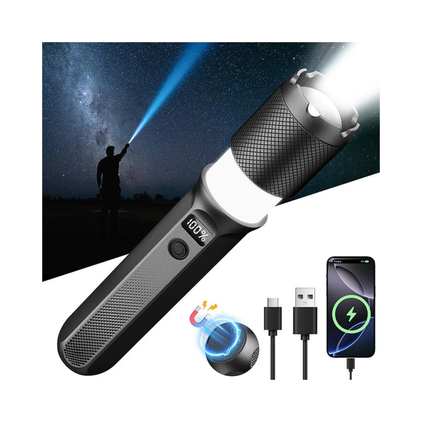 Linterna LED recargable FUDUOO de 2000 lúmenes: haz con zoom, pantalla digital de batería, base magnética, salida USB, 7 modos (camping, senderismo, emergencia)