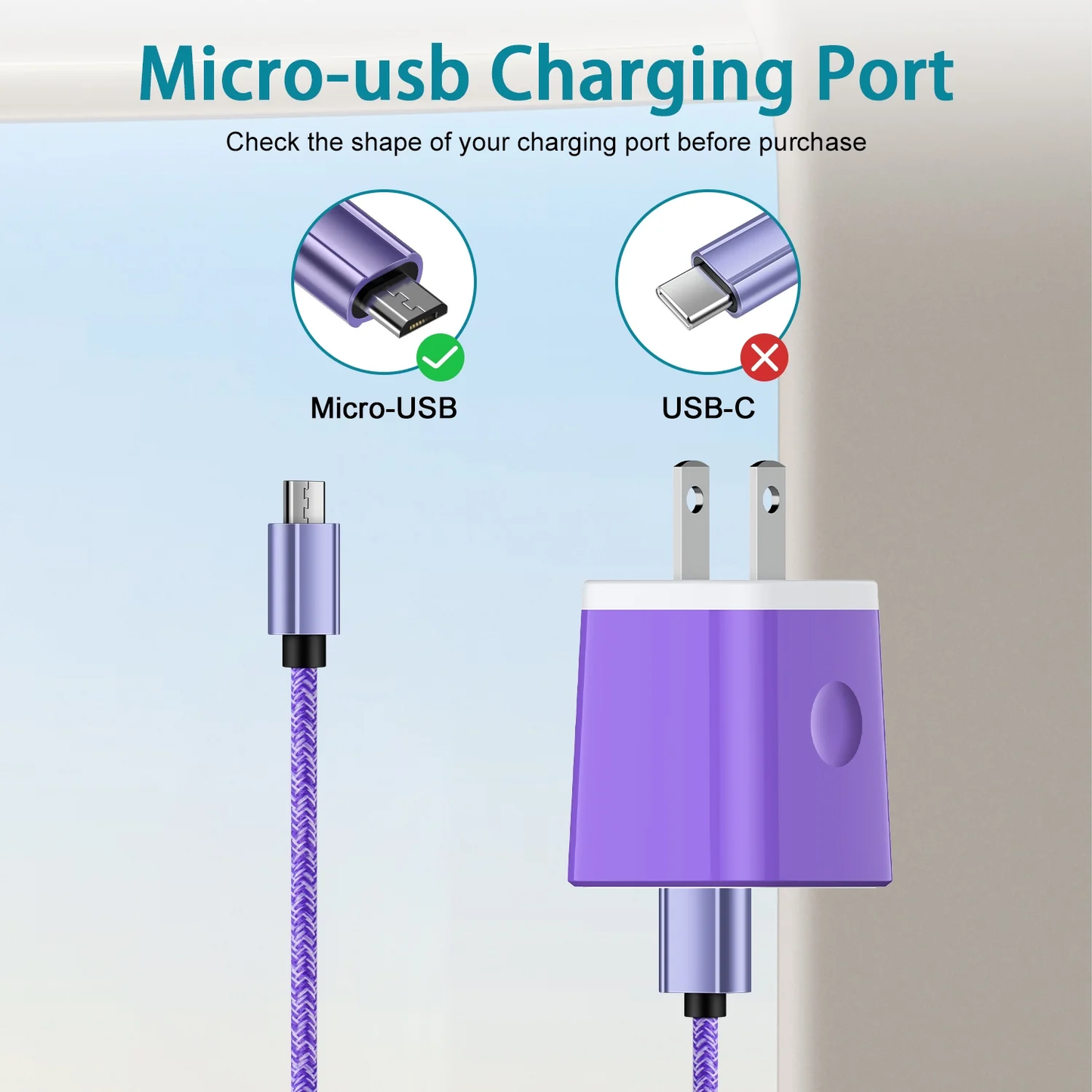 Fast Charger USB Adapter Charger with 6FT Micro USB Cable Fast Charging Android Charger, Braided Nylon Micro USB Cables for Samsung Galaxy, Android Devices, Purple