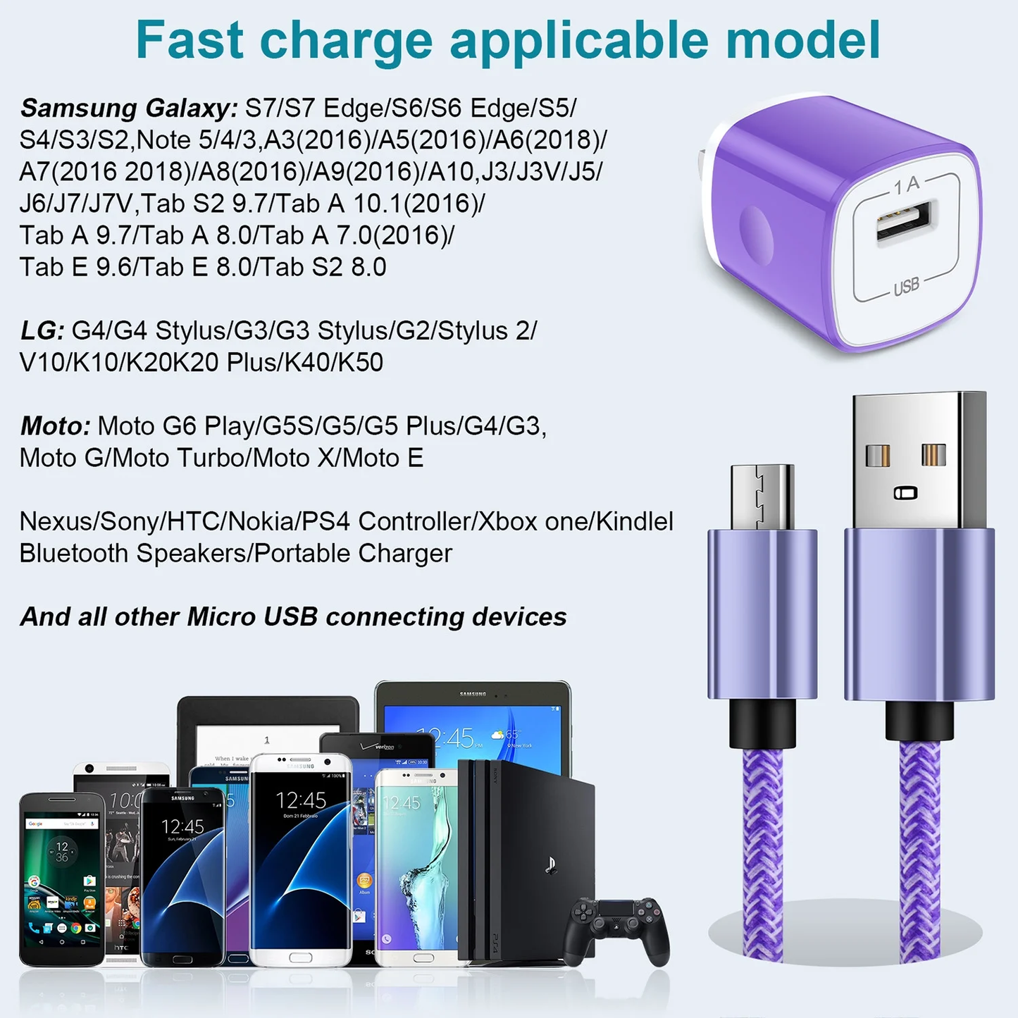 Fast Charger USB Adapter Charger with 6FT Micro USB Cable Fast Charging Android Charger, Braided Nylon Micro USB Cables for Samsung Galaxy, Android Devices, Purple