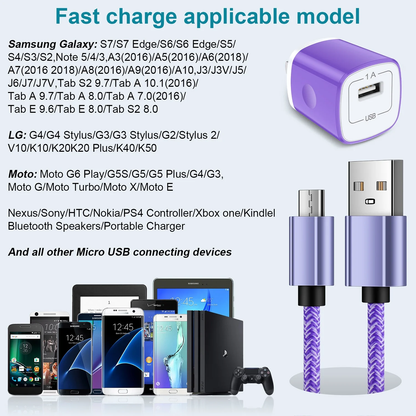 Fast Charger USB Adapter Charger with 6FT Micro USB Cable Fast Charging Android Charger, Braided Nylon Micro USB Cables for Samsung Galaxy, Android Devices, Purple