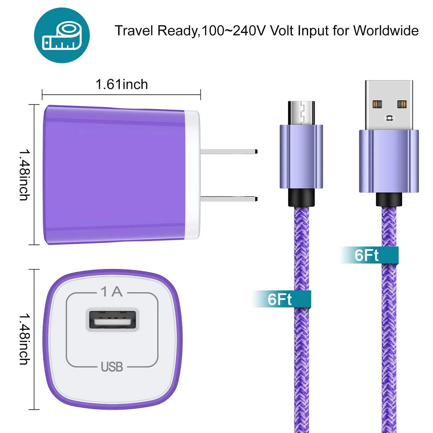 Fast Charger USB Adapter Charger with 6FT Micro USB Cable Fast Charging Android Charger, Braided Nylon Micro USB Cables for Samsung Galaxy, Android Devices, Purple