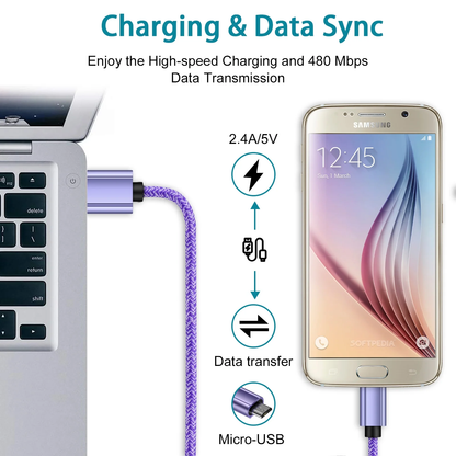 Fast Charger USB Adapter Charger with 6FT Micro USB Cable Fast Charging Android Charger, Braided Nylon Micro USB Cables for Samsung Galaxy, Android Devices, Purple
