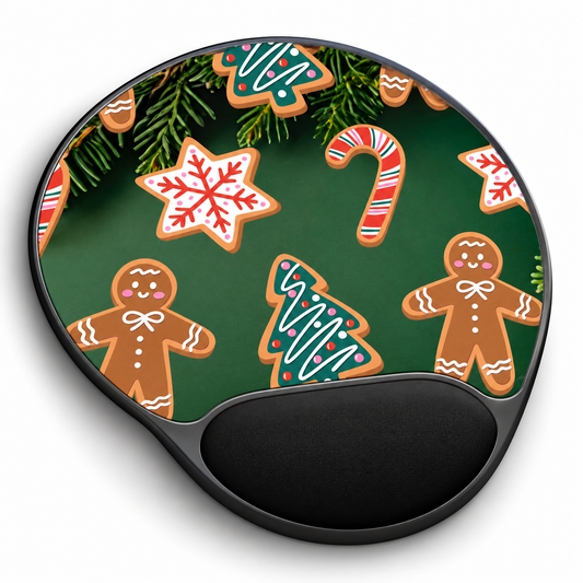 A circular gel mouse pad with a Christmas-themed pattern featuring gingerbread men, trees, candy canes, and snowflakes on a dark green background, with a black wrist rest at the bottom.