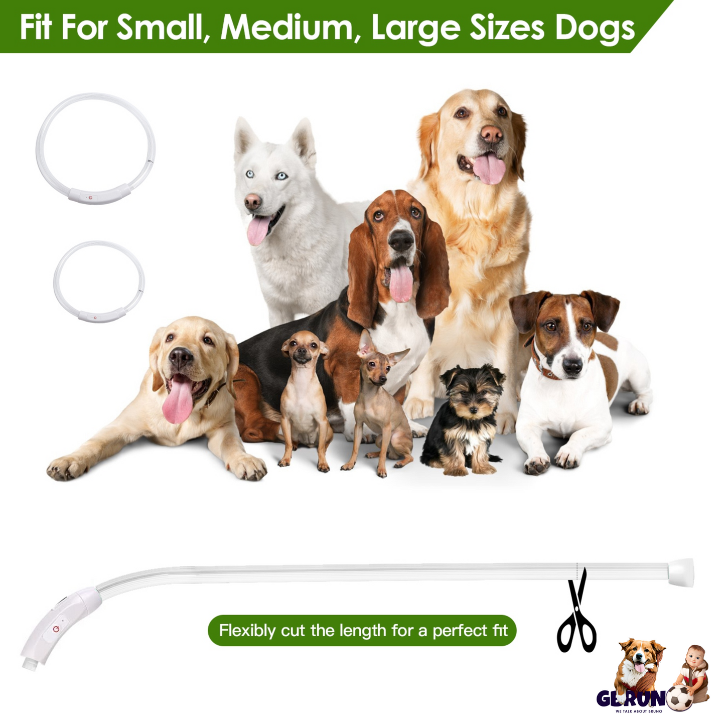 GBruno USB Rechargeable LED Dog Collar – Adjustable Cut-to-Fit Safety Glow Collar, 3 Light Modes Multi-Color Flashing for Night Walks, Sizes S M L