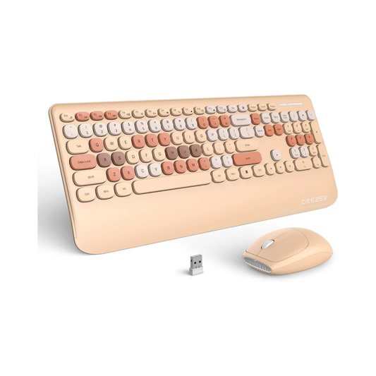 Geezer Wireless Keyboard & Mouse Combo – Milk Tea Color, 106-Key Full-Size Ultra-Slim Set with Palm Rest, 2.4GHz One USB Receiver, 1200 DPI Mouse