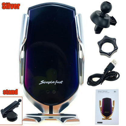 STEVVEX Automatic Car Wireless Charger Mount – Infrared Induction, Qi Charging, 360° Rotation, One-Hand Auto Clamp, Silver/Gold