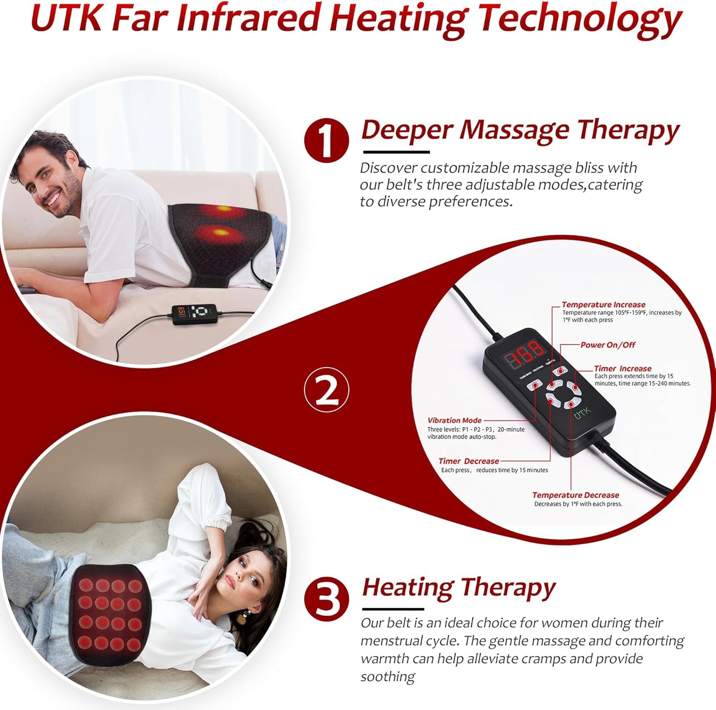Far Infrared Heating Massage Belt – Adjustable Heat to 159°F, Vibrating Back & Waist Relief