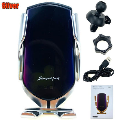 STEVVEX Automatic Car Wireless Charger Mount – Infrared Induction, Qi Charging, 360° Rotation, One-Hand Auto Clamp, Silver/Gold