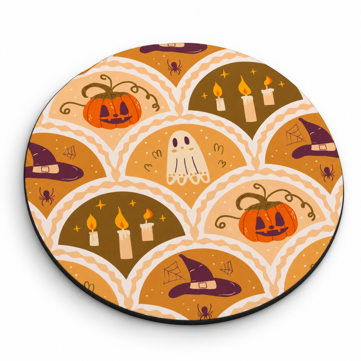 SCALLOPED HALLOWEEN VINTAGE COLOR ROUND MOUSE PAD FEATURING PUMPKINS, A GHOST, WITCH HATS, AND CANDLES IN CREAM, BEIGE AND TAN.