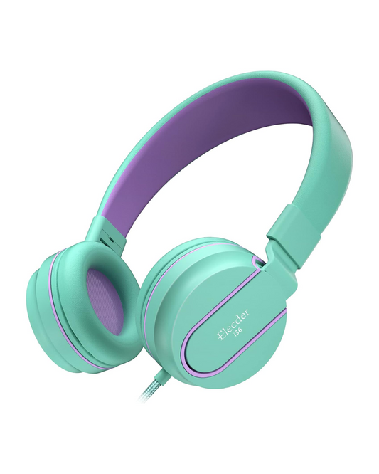 I36 Kids Foldable Headphones - Adjustable On-Ear with 3.5mm Jack (Green/Purple)