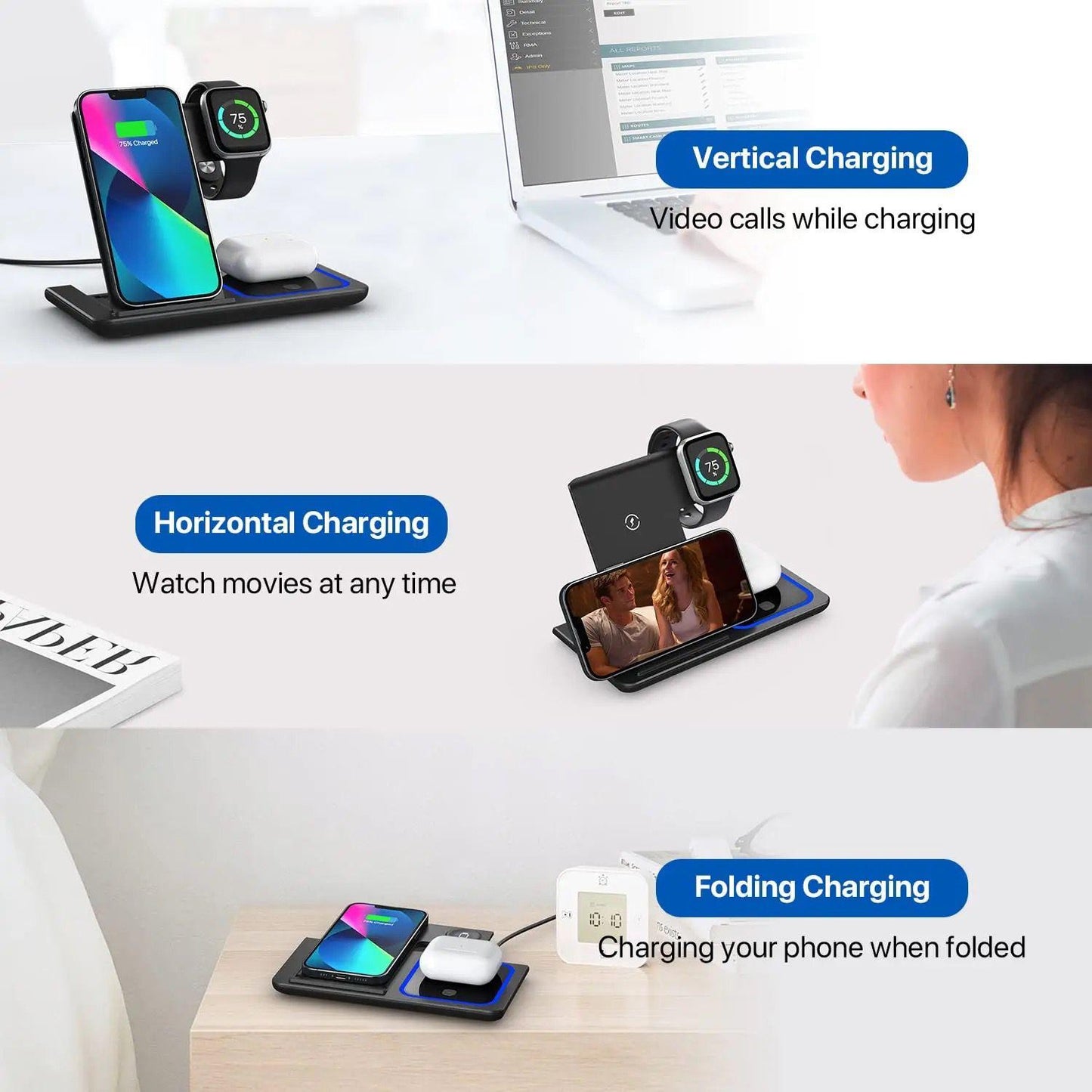 Cargador inalámbrico plegable 3 en 1: estación de carga rápida para múltiples dispositivos