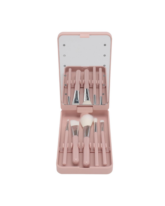 LED Makeup Mirror with Brush Set - Rotating Folding Mirror with Storage Compartment