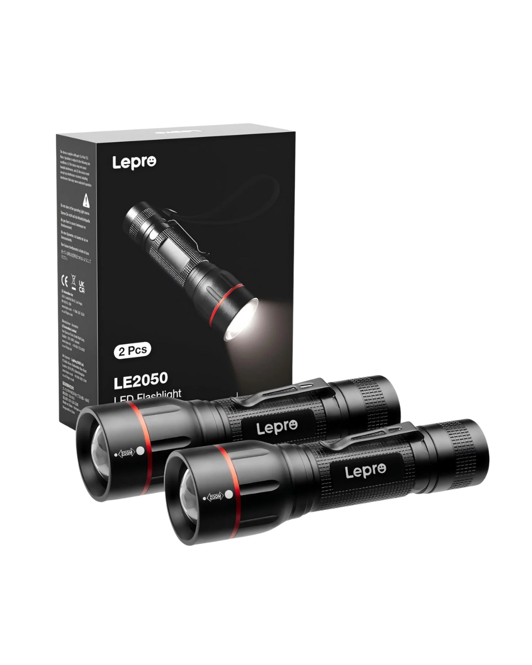 Lepro Zoomable LED Flashlight – 300 Lumens, 492ft Beam Distance, 5 Modes (High/Med/Low/SOS/Strobe), Adjustable Focus, IPX4 Water Resistant, Dual Power Options