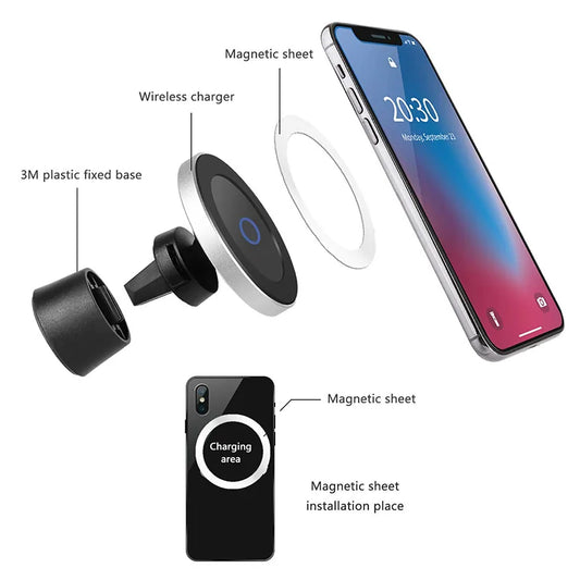 Fast Car Wireless Charger with Magnetic Phone Holder – Dashboard Mount, Wireless Charging, Strong Magnetic Grip, Modern Design