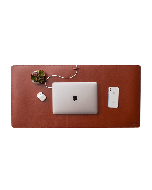 Nordik by Design Vegan PU Leather Desk Mat – 35" x 17" Waterproof Desk Pad Protector, Non-Slip Suede Base, Cable Management, Scratch-Resistant Extended Mouse Pad (Saddle Brown)