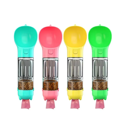 Portable 3-in-1 Pet Travel Bottle – Leakproof Water Dispenser + Food Feeder + Poop Bag Holder, BPA-Free for Dogs & Cats (300ml/500ml)