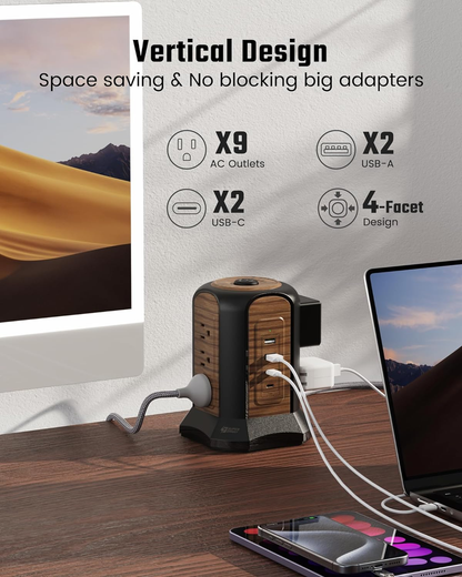 Power Strip Tower Surge Protector - 9 Outlets 4 USB Ports with 10Ft Cord