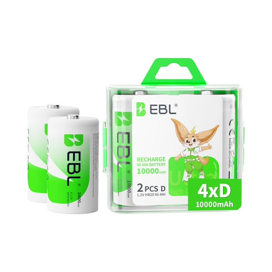 Rechargeable D Cell Batteries (4 Pack) – 10,000mAh High-Capacity Ni‑MH D Batteries, Long Runtime, Standard D Size Replacement (NiCd Compatible)