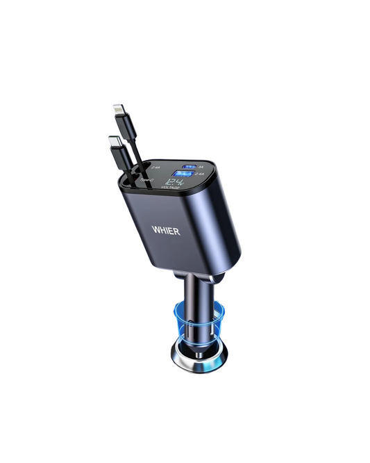 100W 4-in-1 Retractable Car Charger - Super Fast Charging for iPhone/Samsung/iPad
