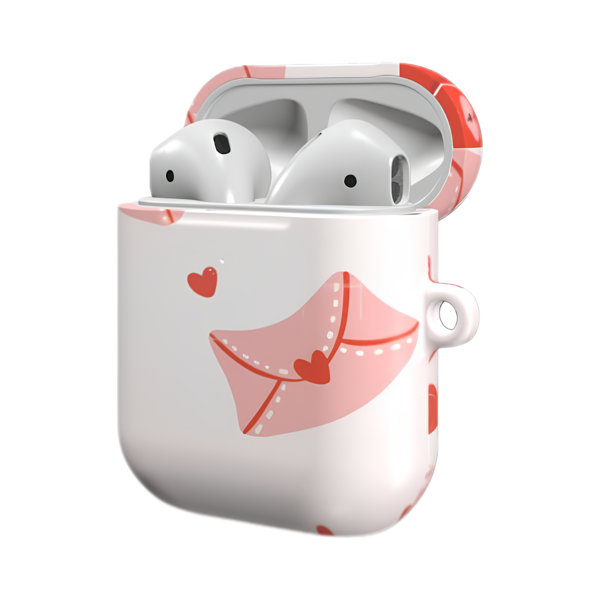 A white AirPods case with a pink envelope and heart design, shown with the case open and white wireless earbuds inside on a plain white background.