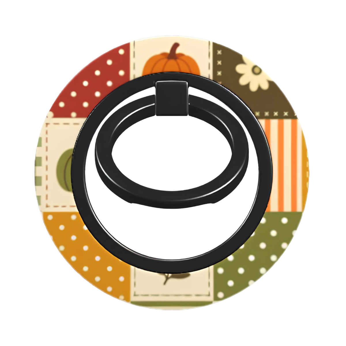 A circular phone grip stand featuring a patchwork autumn pattern with a central black metal ring, shown on a plain white background.