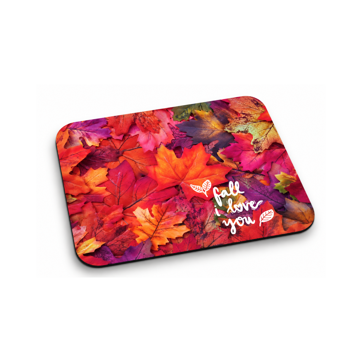 A rectangular mouse pad with rounded corners featuring a vibrant autumn leaf pattern in red, orange, pink, and purple, with the white script text 'fall i love you' printed on the bottom right, shown on a clean white background.
