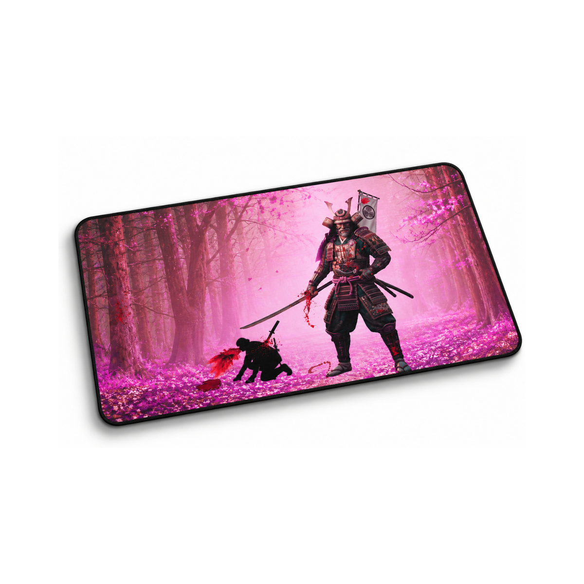 A rectangular gaming mouse pad with rounded corners, featuring a printed graphic of a samurai warrior in armor standing in a pink cherry blossom forest with a small black creature at his side, shown on a plain white background.