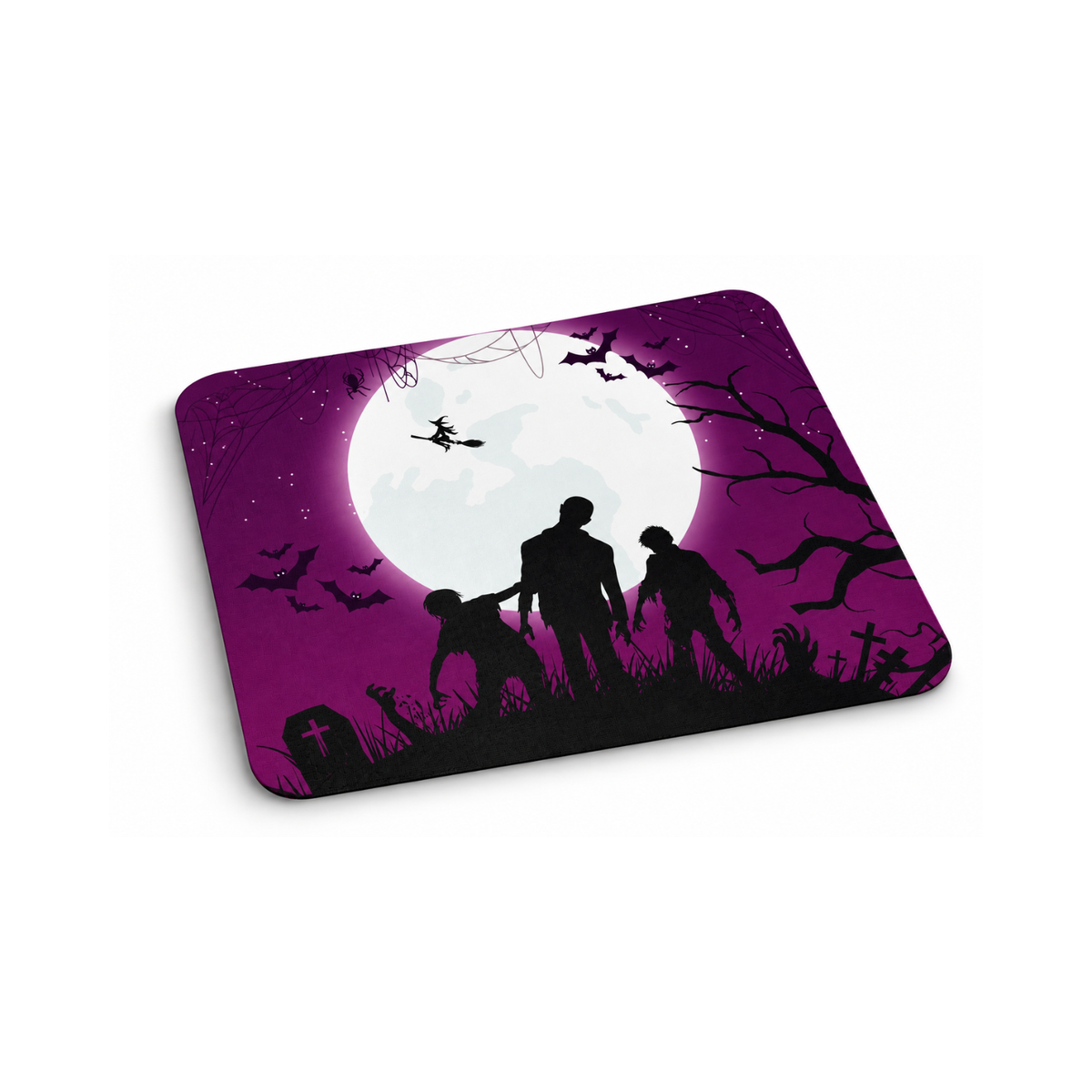 A rectangular mouse pad with rounded corners featuring a Halloween night scene. The design shows black silhouettes of a family, bats, a witch on a broomstick, tombstones, and bare trees against a purple sky with a large white full moon.