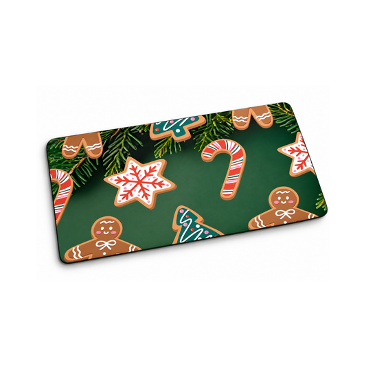 A rectangular holiday-themed mat or plaque with rounded corners, featuring a dark green background decorated with gingerbread men, gingerbread cookies, candy canes, pine branches, and a snowflake.
