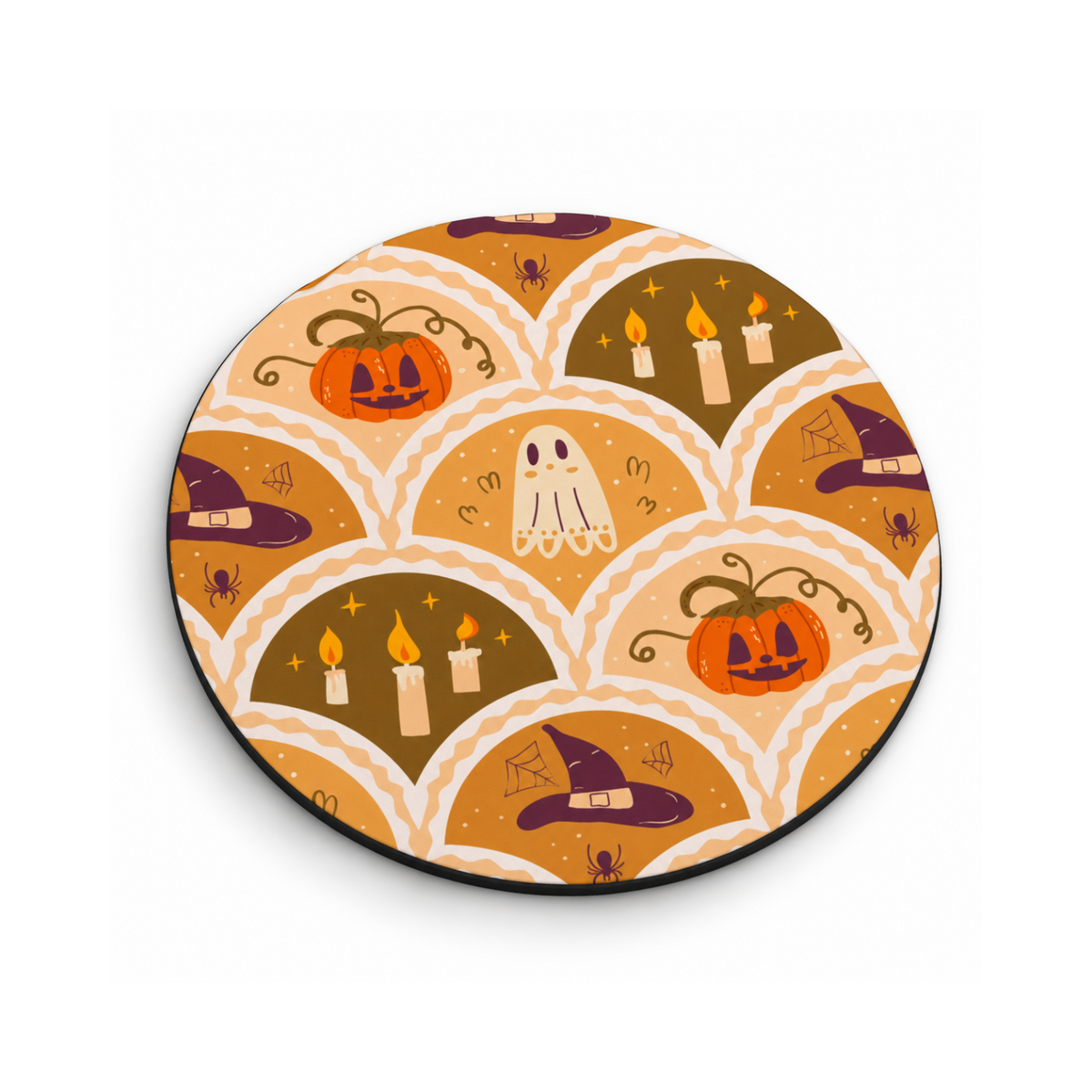 A round MOUSE PAD with a Halloween-themed pattern featuring jack-o'-lanterns, candles, ghosts, witch hats, and spiders on a beige and brown scalloped background.