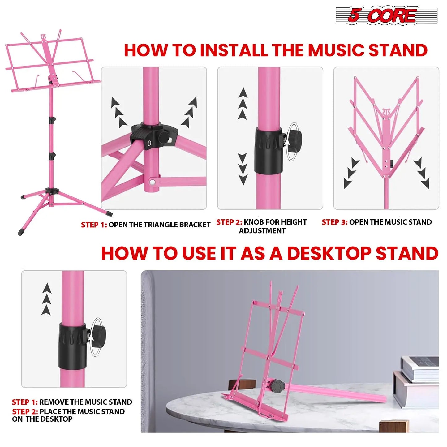 All-Metal Sheet Music Stand (Pink) – Portable Adjustable Desktop Book Holder, Foldable Bookstand for Musical Instruments, Model D0100H7WS06 (MUS FLD PNK)