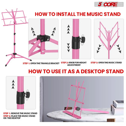 All-Metal Sheet Music Stand (Pink) – Portable Adjustable Desktop Book Holder, Foldable Bookstand for Musical Instruments, Model D0100H7WS06 (MUS FLD PNK)